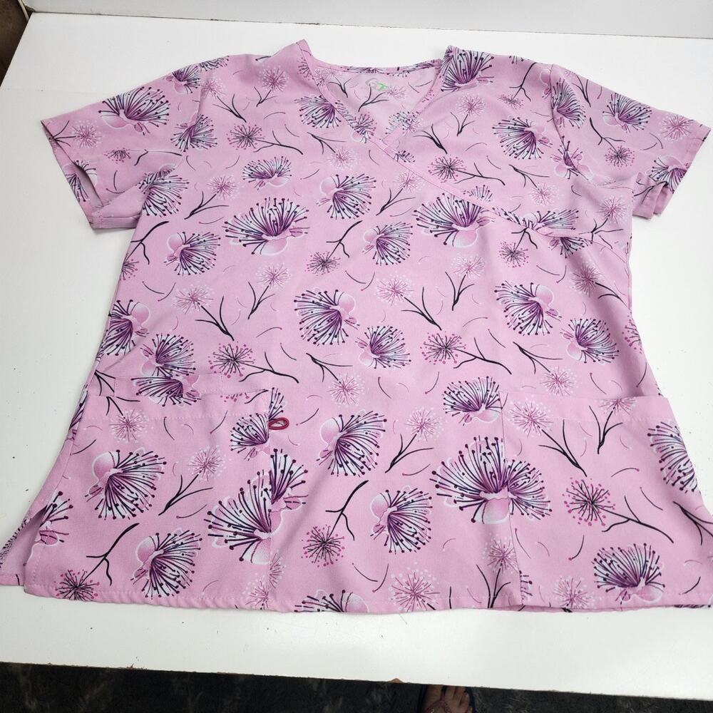 GT Performance Pink Floral V-Neck Short Sleeve Scrubs Top Women's Size L